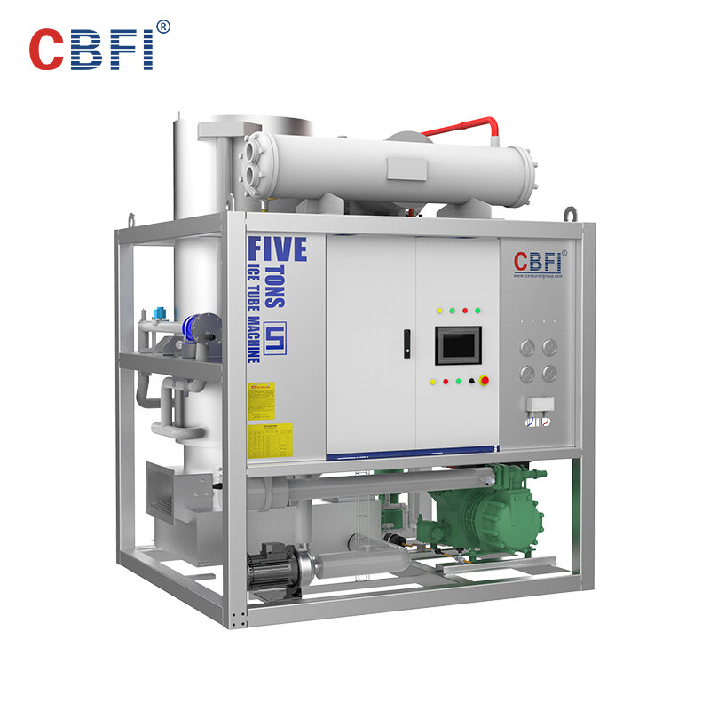 CBFI TV50 five-ton tube ice machine: a stainless-steel skid with the evaporator tower, Bitzer compressor and touch-screen control cabinet