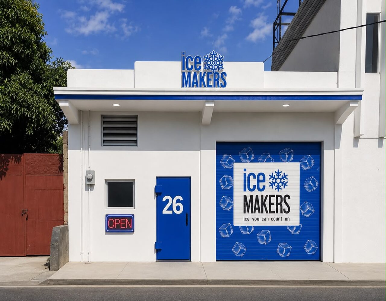 Ice Makers JA storefront at 26 Hanover Street, Downtown Kingston — blue-and-white branded ice and liquor depot